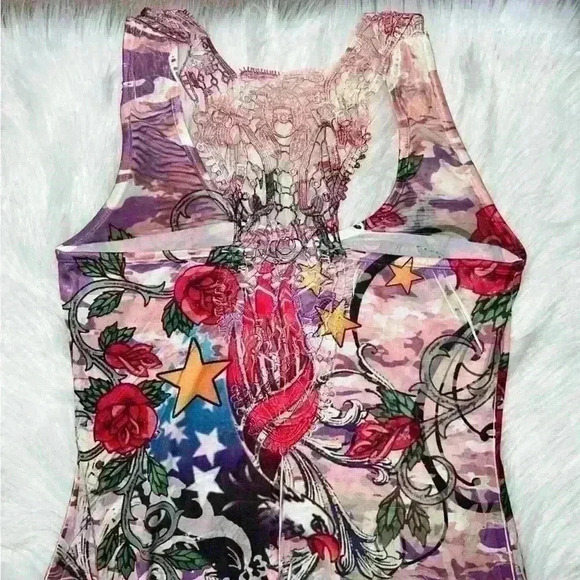 Ocean Blue Y2K Pink and Crystal Embellished Traditional Tattoo Print Dress Med - Picture 7 of 8